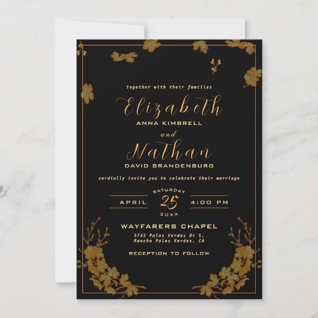Modern Elegant Black & Gold Floral Wedding Invitation (Front)