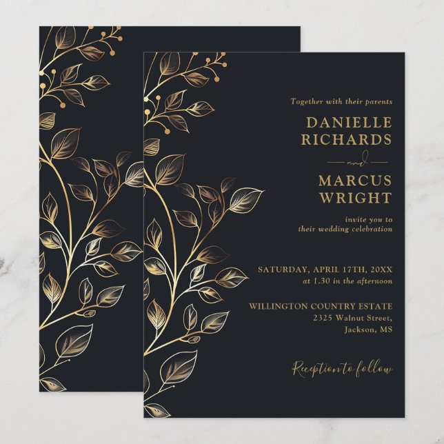 Modern Elegant Black Gold Floral Wedding Invitation (Front/Back)
