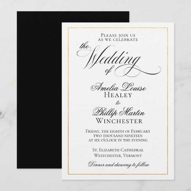 Modern Elegant Black Gold Foil Wedding Invitation (Front/Back)