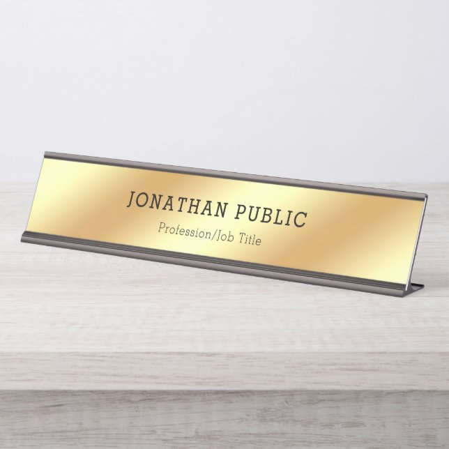 Modern Elegant Black Gold Glamorous Template Desk Name Plate (Front)