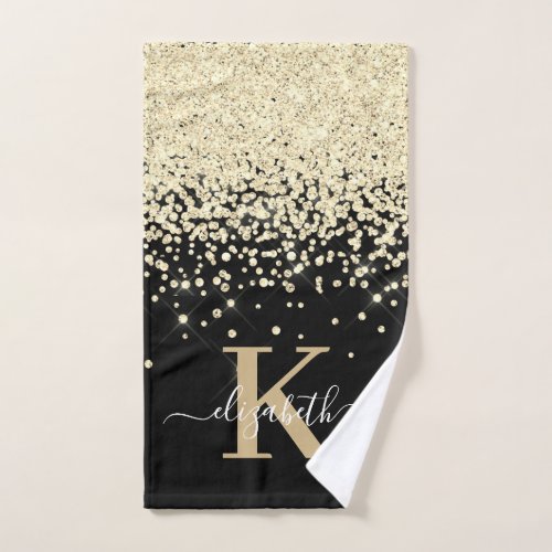 Modern Elegant Black Gold Glitter Monogram Name Hand Towel