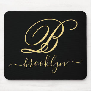 Modern Elegant Black Gold Handwritten Monogrammed Mouse Pad