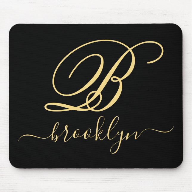 Modern Elegant Black Gold Handwritten Monogrammed Mouse Pad (Front)