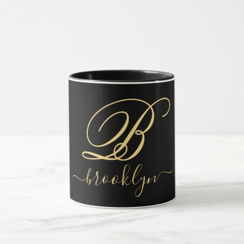 Modern Elegant Black Gold Handwritten Monogrammed Mug