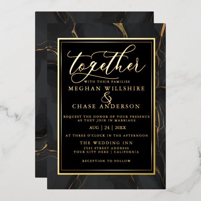 Modern Elegant Black Gold Marble Foil Invitation (Front/Back)