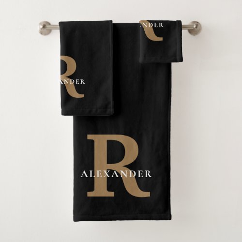 Modern Elegant Black Gold Monogram Bold Typography Bath Towel Set