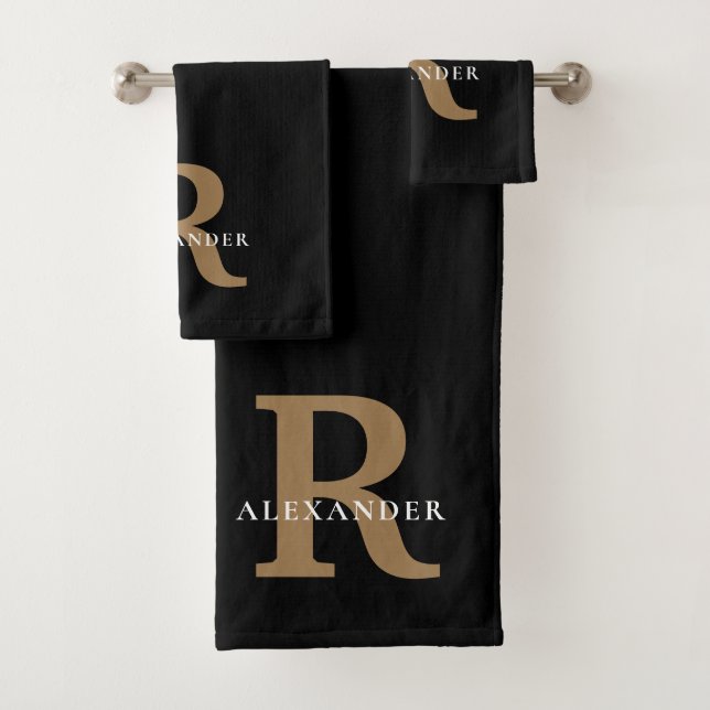 Modern Elegant Black Gold Monogram Bold Typography Bath Towel Set (Insitu)