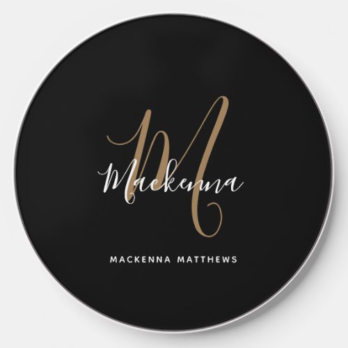 Modern Elegant Black Gold Monogram Initial Name Wireless Charger