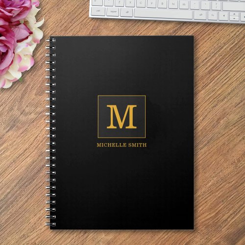 Modern Elegant Black Gold Monogram Name Notebook