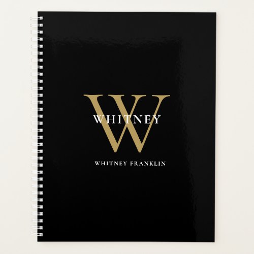 Modern Elegant Black Gold Monogram Name Planner