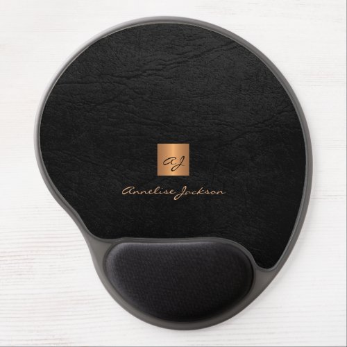 Modern elegant black gold monogram name script gel mouse pad