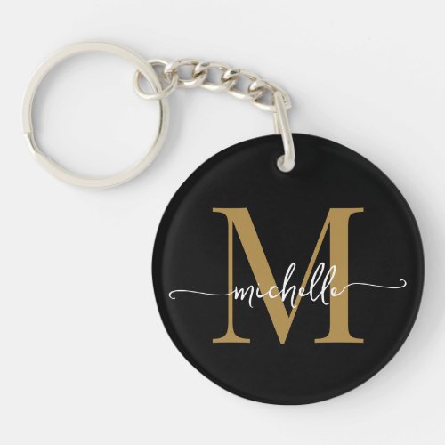 Modern Elegant Black Gold Monogram Name Script Keychain