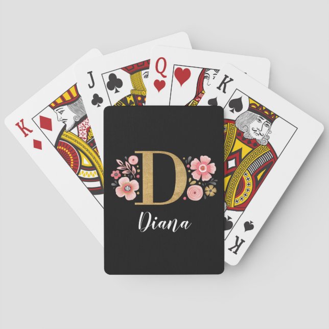 Modern Elegant Black Gold Monogram Poker Cards (Back)