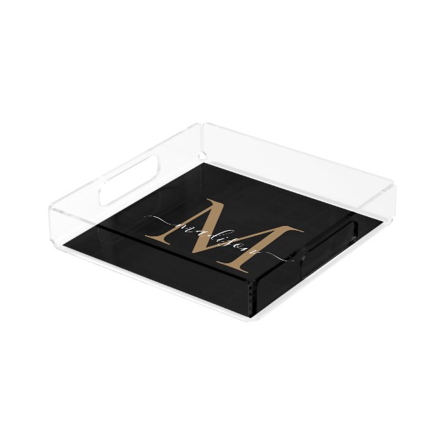 Modern Elegant Black Gold Monogram Script Chic Acrylic Tray (Angled)