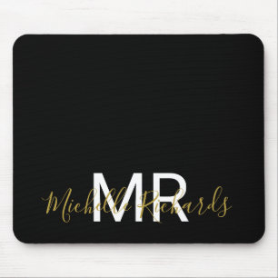 Modern elegant black gold monogram script mouse pad