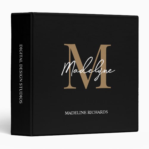 Modern Elegant Black Gold Monogram Script Name  3  3 Ring Binder