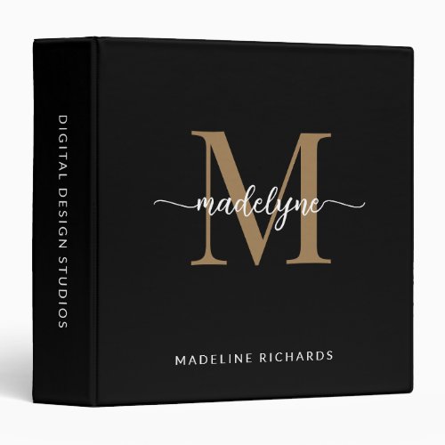 Modern Elegant Black Gold Monogram Script Name  3 3 Ring Binder