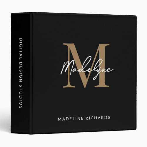 Modern Elegant Black Gold Monogram Script Name  3  3 Ring Binder