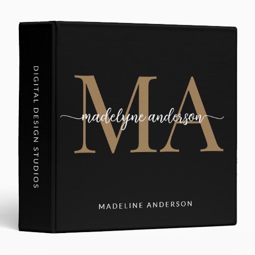 Modern Elegant Black Gold Monogram Script Name   3 Ring Binder