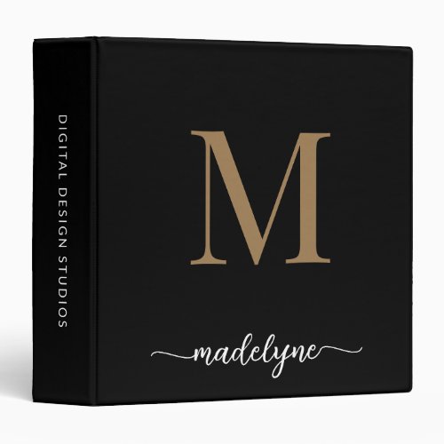 Modern Elegant Black Gold Monogram Script Name   3 Ring Binder