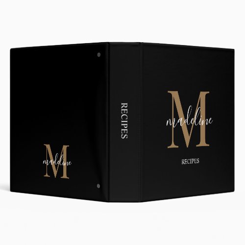 Modern Elegant Black Gold Monogram Script Name  3 Ring Binder