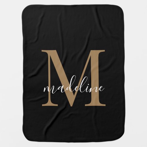 Modern Elegant Black Gold Monogram Script Name  Baby Blanket