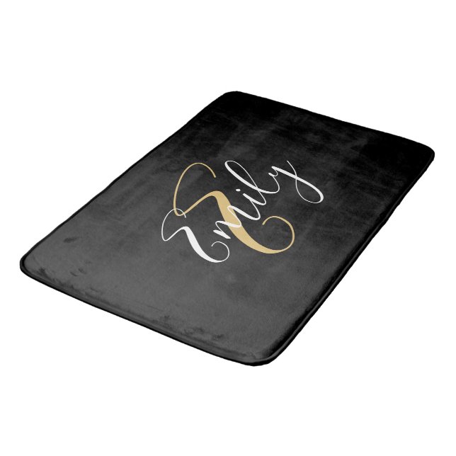 Modern Elegant Black Gold Monogram Script Name Bath Mat (Angled)