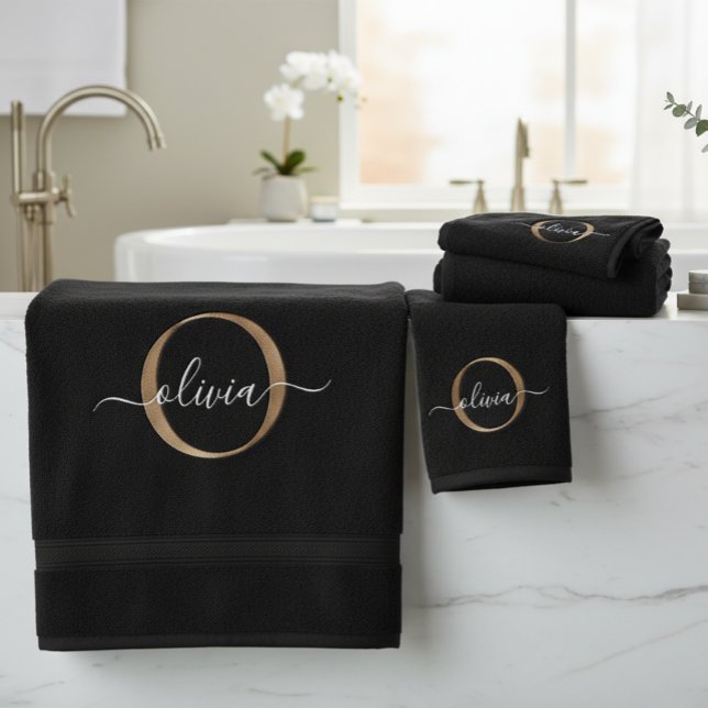 Modern Elegant Black Gold Monogram Script Name Bath Towel Set (Creator Uploaded)