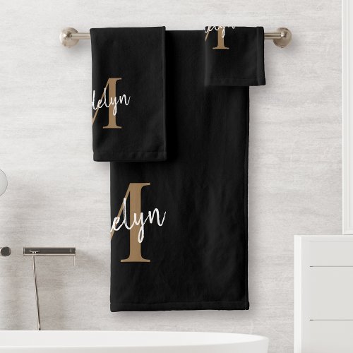 Modern Elegant Black Gold Monogram Script Name Bath Towel Set