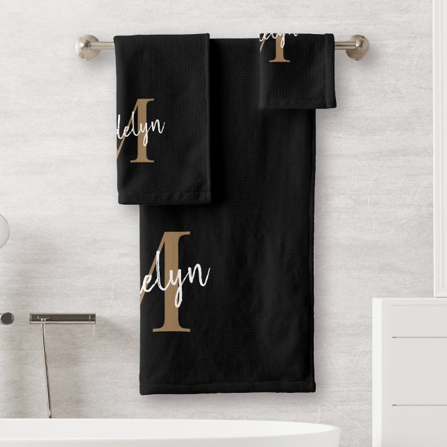 Modern Elegant Black Gold Monogram Script Name Bath Towel Set (Creator Uploaded)