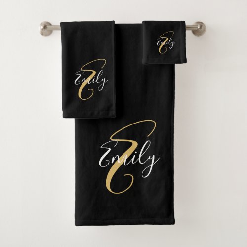 Modern Elegant Black Gold Monogram Script Name Bath Towel Set