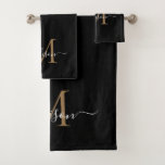 Modern Elegant Black Gold Monogram Script Name Bath Towel Set at Zazzle