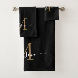 Modern Elegant Black Gold Monogram Script Name Bath Towel Set