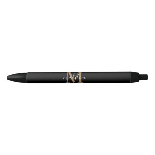 Modern Elegant Black Gold Monogram Script Name  Black Ink Pen