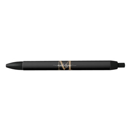 Modern Elegant Black Gold Monogram Script Name     Black Ink Pen