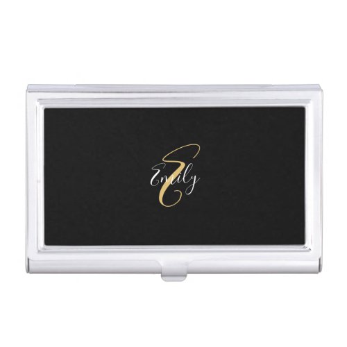 Modern Elegant Black Gold Monogram Script Name Business Card Case