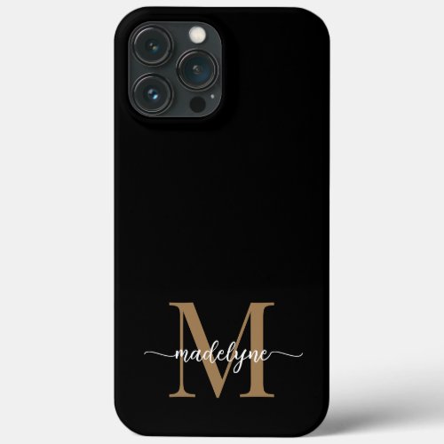 Modern Elegant Black Gold Monogram Script Name iPhone 13 Pro Max Case