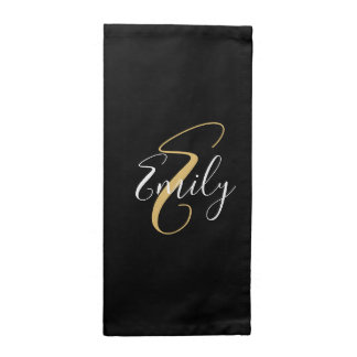 Modern Elegant Black Gold Monogram Script Name Cloth Napkin