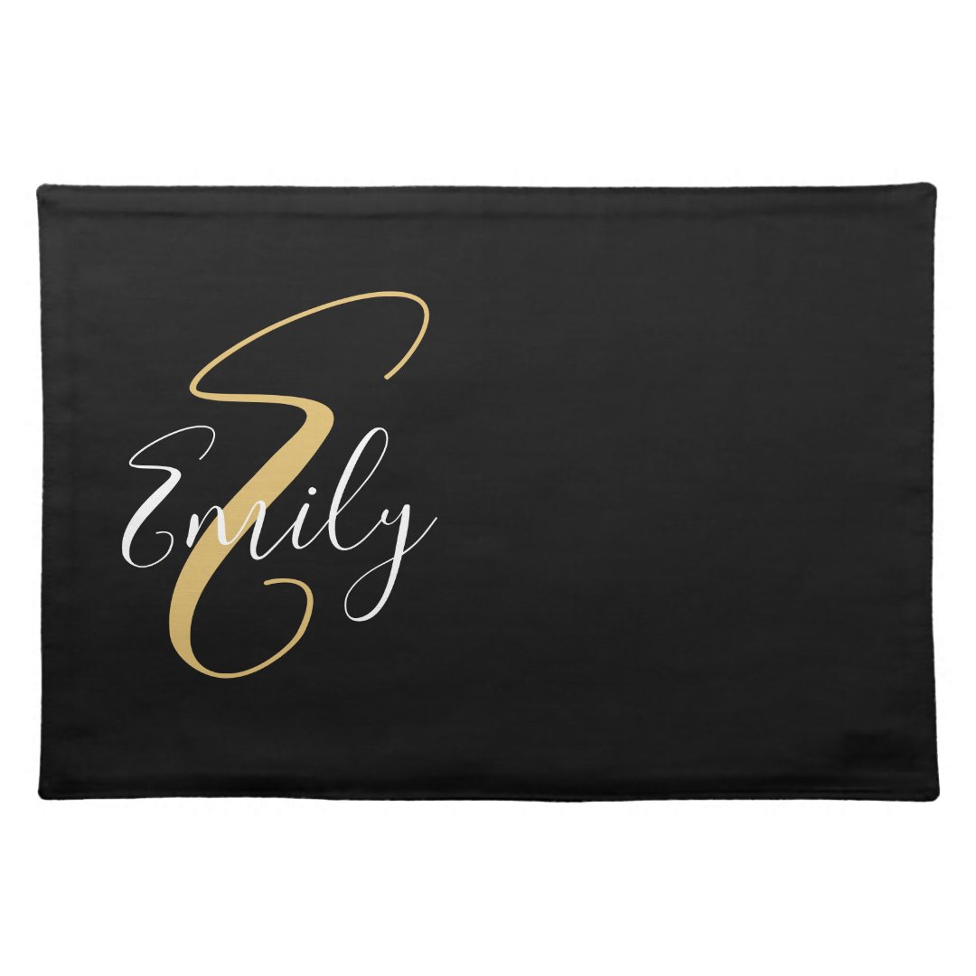 Modern Elegant Black Gold Monogram Script Name Cloth Placemat Zazzle