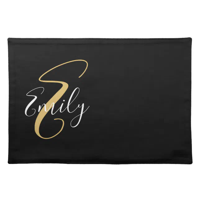 Modern Elegant Black Gold Monogram Script Name Cloth Placemat | Zazzle