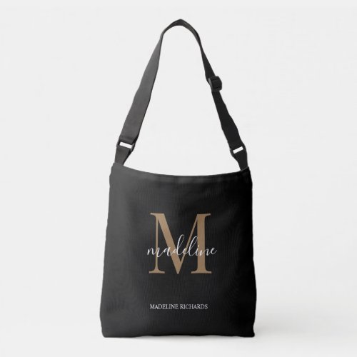 Modern Elegant Black Gold Monogram Script Name  Crossbody Bag