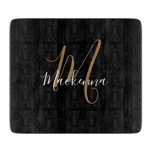Modern Elegant Black Gold Monogram Script Name Cutting Board