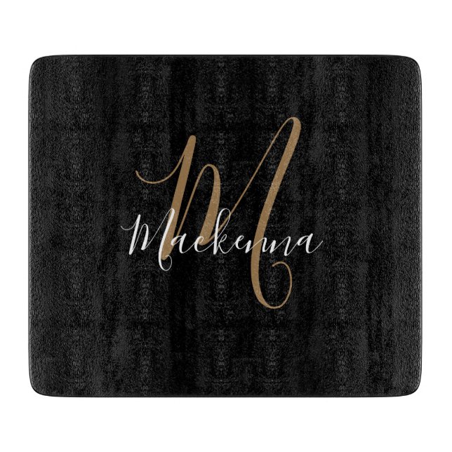 Modern Elegant Black Gold Monogram Script Name Cutting Board (Front)