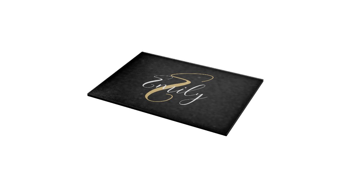 Modern Elegant Black Gold Monogram Script Name Cutting Board | Zazzle