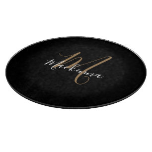 Modern Elegant Black Gold Monogram Script Name Cutting Board