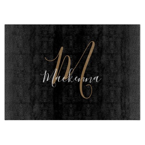 Modern Elegant Black Gold Monogram Script Name Cutting Board