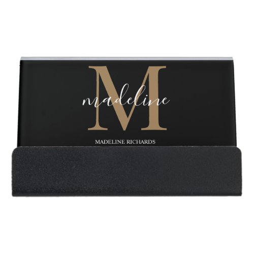 Modern Elegant Black Gold Monogram Script Name   Desk Business Card Holder