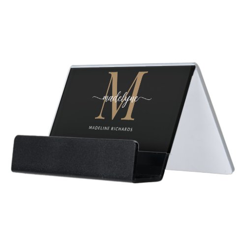 Modern Elegant Black Gold Monogram Script Name    Desk Business Card Holder