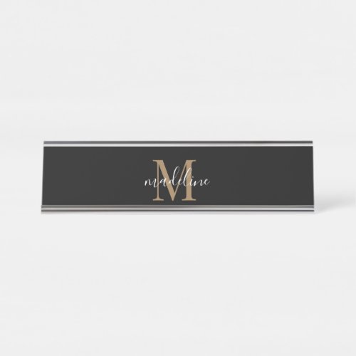 Modern Elegant Black Gold Monogram Script Name   Desk Name Plate