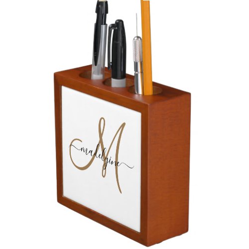 Modern Elegant Black Gold Monogram Script Name     Desk Organizer